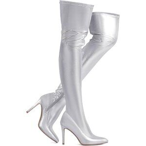 Women Silver Polyurethane Over The Knee High Stretchy Leather Thigh High Boots